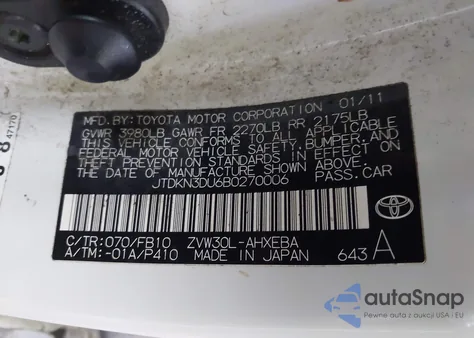 2011 Toyota Prius Two z USA, uszkodzony, nr VIN JTDKN3DU6B0270006